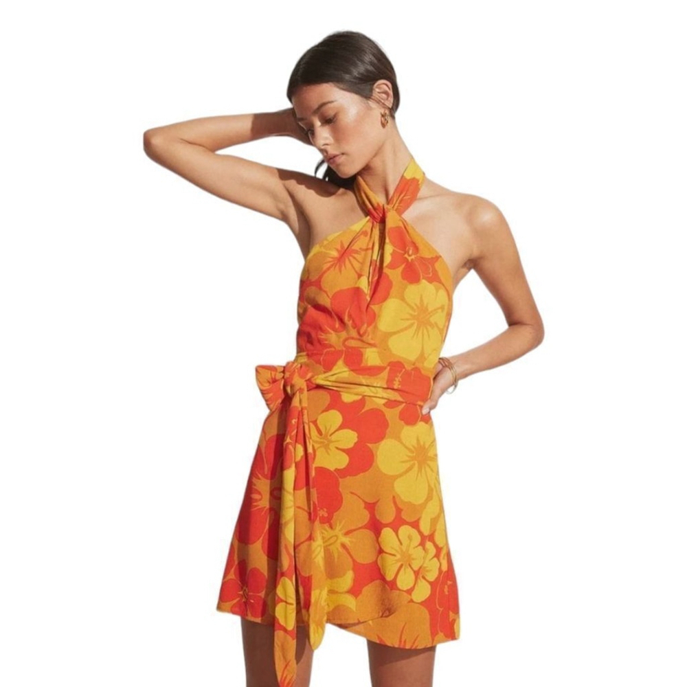 Odette Wrap Tie Halter Dress Surfs Up Tropical Floral Print Sz 6 NWT Resortwear